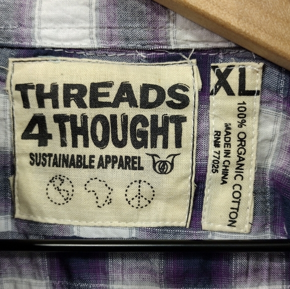 Threads for Thought Organic Cotton Plaid Button Shirt Mens XL Purple White Retro - Picture 7 of 9